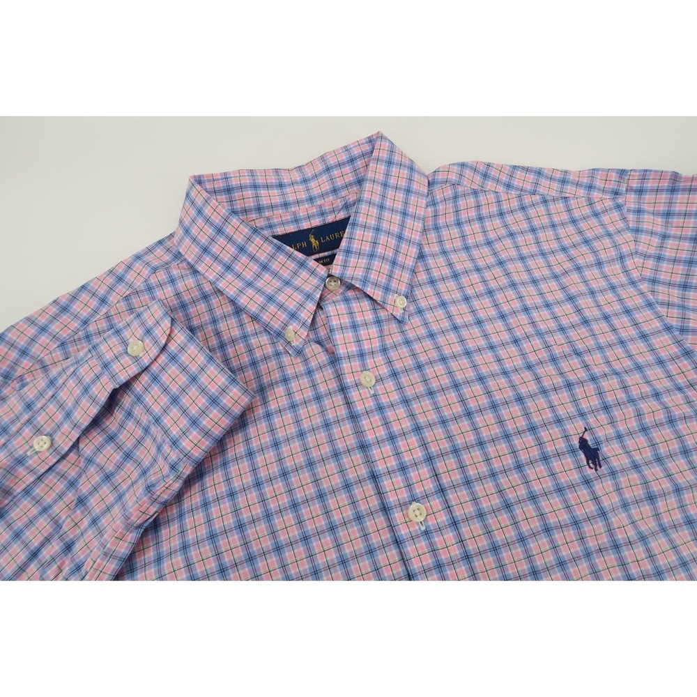Ralph Lauren Button Down Shirt Mens Large Slim Fit Pink Blue Plaid Long Sleeve - Picture 2 of 12